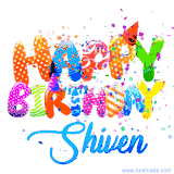 Animated GIF with colorful, festive 'Happy Birthday Shiven' text decorated with patterns, a party hat, and falling confetti. A vibrant and cheerful design for birthday celebrations.