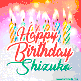Bright birthday candles with rainbow flames on a cake, alongside the text 'Happy Birthday Shizuko' in vibrant script in this celebratory animated GIF.
