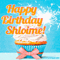 A cheerful animated GIF of a cupcake with creamy frosting, a red checkered ribbon, and a bright sparkler on top. The text 'Happy Birthday Shloime!' is displayed in vibrant orange and red.