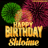 A captivating GIF with bursts of green, pink, and orange fireworks lighting up the night sky, accompanied by 'Happy Birthday Shloime' in glowing golden text.