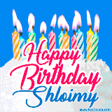 A cheerful animated GIF featuring colorful lit birthday candles on a white cake, with the text 'Happy Birthday Shloimy' in bold red and blue script on a bright blue background.
