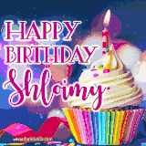 A festive animated GIF featuring a colorful cupcake with a single lit candle, sprinkles, and 'Happy Birthday Shloimy' text against a sparkling, celebratory background.