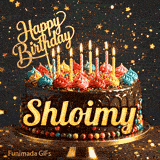 Personalised birthday animation with the name Shloimy written on a chocolate drip cake with flickering candles.
