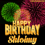 A captivating GIF with bursts of green, pink, and orange fireworks lighting up the night sky, accompanied by 'Happy Birthday Shloimy' in glowing golden text.