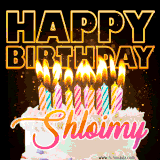 A vibrant animated GIF featuring a delicious birthday cake topped with glowing candles and the name 'Shloimy' in elegant script, and the words 'Happy Birthday' on the black background.
