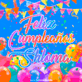 A vibrant animated GIF with 'Feliz Cumpleaños Shloma' written in colorful script, surrounded by balloons, confetti, and bunting on a bright blue background.