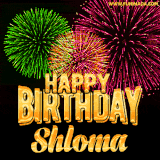 A captivating GIF with bursts of green, pink, and orange fireworks lighting up the night sky, accompanied by 'Happy Birthday Shloma' in glowing golden text.