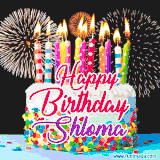 A lively happy birthday animated GIF showcasing a colorful birthday cake covered in sprinkles, topped with glowing candles, and surrounded by vibrant fireworks. The name 'Shloma' is featured in elegant script.