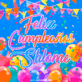 A vibrant animated GIF with 'Feliz Cumpleaños Shlome' written in colorful script, surrounded by balloons, confetti, and bunting on a bright blue background.