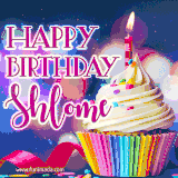 A festive animated GIF featuring a colorful cupcake with a single lit candle, sprinkles, and 'Happy Birthday Shlome' text against a sparkling, celebratory background.