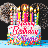 A lively happy birthday animated GIF showcasing a colorful birthday cake covered in sprinkles, topped with glowing candles, and surrounded by vibrant fireworks. The name 'Shlome' is featured in elegant script.