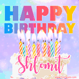 A vibrant animated name GIF with the words 'Happy Birthday Shlomit' with colorful candles on a creamy cake. The background sparkles with pastel shades, adding a festive touch.