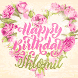 A stunning heart made of pink roses surrounds the elegant script text 'Happy Birthday Shlomit' on a soft beige background. Animated sparkles add a magical and festive feel.