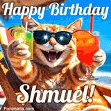 A cheerful cat wearing sunglasses, enjoying drinks on a sunny beach chair, with the text 'Happy Birthday Shmuel!' in bright letters.
