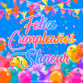 A vibrant animated GIF with 'Feliz Cumpleaños Shneur' written in colorful script, surrounded by balloons, confetti, and bunting on a bright blue background.