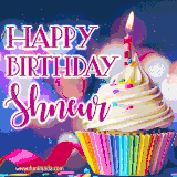 A festive animated GIF featuring a colorful cupcake with a single lit candle, sprinkles, and 'Happy Birthday Shneur' text against a sparkling, celebratory background.