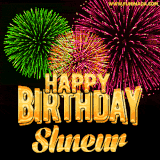 A captivating GIF with bursts of green, pink, and orange fireworks lighting up the night sky, accompanied by 'Happy Birthday Shneur' in glowing golden text.