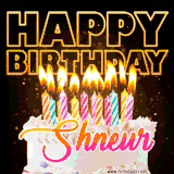 A vibrant animated GIF featuring a delicious birthday cake topped with glowing candles and the name 'Shneur' in elegant script, and the words 'Happy Birthday' on the black background.