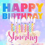 A vibrant animated name GIF with the words 'Happy Birthday Shnorhig' with colorful candles on a creamy cake. The background sparkles with pastel shades, adding a festive touch.