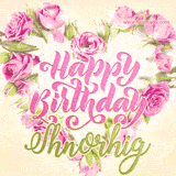 A stunning heart made of pink roses surrounds the elegant script text 'Happy Birthday Shnorhig' on a soft beige background. Animated sparkles add a magical and festive feel.