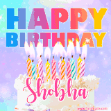 A vibrant animated name GIF with the words 'Happy Birthday Shobha' with colorful candles on a creamy cake. The background sparkles with pastel shades, adding a festive touch.