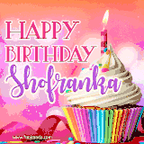 A vibrant birthday GIF featuring a rainbow-colored cupcake topped with white frosting, sprinkles, and a lit candle. The text reads 'Happy Birthday Shofranka' in bold pink and violet letters with white outline.