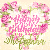 A stunning heart made of pink roses surrounds the elegant script text 'Happy Birthday Shofranka' on a soft beige background. Animated sparkles add a magical and festive feel.