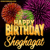 A golden 'Happy Birthday Shoghagat' message with vibrant fireworks in the background, creating a festive and celebratory vibe in this animated name GIF.