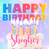 A vibrant animated name GIF with the words 'Happy Birthday Shogher' with colorful candles on a creamy cake. The background sparkles with pastel shades, adding a festive touch.