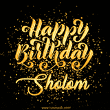 Animated GIF with colorful, festive 'Happy Birthday Sholom' text decorated with patterns, a party hat, and falling confetti. A vibrant and cheerful design for birthday celebrations.