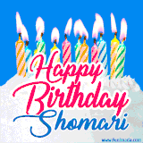 A cheerful animated GIF featuring colorful lit birthday candles on a white cake, with the text 'Happy Birthday Shomari' in bold red and blue script on a bright blue background.