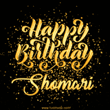Animated GIF with colorful, festive 'Happy Birthday Shomari' text decorated with patterns, a party hat, and falling confetti. A vibrant and cheerful design for birthday celebrations.