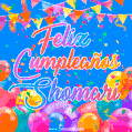 A vibrant animated GIF with 'Feliz Cumpleaños Shomari' written in colorful script, surrounded by balloons, confetti, and bunting on a bright blue background.