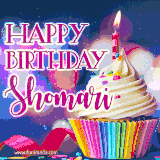 A festive animated GIF featuring a colorful cupcake with a single lit candle, sprinkles, and 'Happy Birthday Shomari' text against a sparkling, celebratory background.