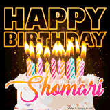 A vibrant animated GIF featuring a delicious birthday cake topped with glowing candles and the name 'Shomari' in elegant script, and the words 'Happy Birthday' on the black background.