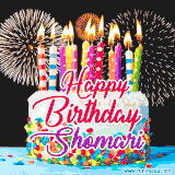 A lively happy birthday animated GIF showcasing a colorful birthday cake covered in sprinkles, topped with glowing candles, and surrounded by vibrant fireworks. The name 'Shomari' is featured in elegant script.