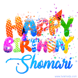 Animated GIF with colorful, festive 'Happy Birthday Shomari' text decorated with patterns, a party hat, and falling confetti. A vibrant and cheerful design for birthday celebrations.