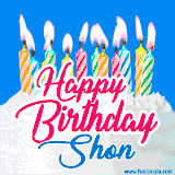A cheerful animated GIF featuring colorful lit birthday candles on a white cake, with the text 'Happy Birthday Shon' in bold red and blue script on a bright blue background.