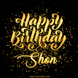 Animated GIF with colorful, festive 'Happy Birthday Shon' text decorated with patterns, a party hat, and falling confetti. A vibrant and cheerful design for birthday celebrations.