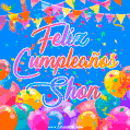A vibrant animated GIF with 'Feliz Cumpleaños Shon' written in colorful script, surrounded by balloons, confetti, and bunting on a bright blue background.