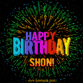 A colorful animated GIF featuring the text 'Happy Birthday Shon!' in rainbow colors with a dynamic iridescent firework display in the background.
