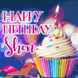 A festive animated GIF featuring a colorful cupcake with a single lit candle, sprinkles, and 'Happy Birthday Shon' text against a sparkling, celebratory background.