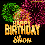 A captivating GIF with bursts of green, pink, and orange fireworks lighting up the night sky, accompanied by 'Happy Birthday Shon' in glowing golden text.