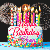 A lively happy birthday animated GIF showcasing a colorful birthday cake covered in sprinkles, topped with glowing candles, and surrounded by vibrant fireworks. The name 'Shon' is featured in elegant script.