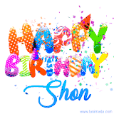 Animated GIF with colorful, festive 'Happy Birthday Shon' text decorated with patterns, a party hat, and falling confetti. A vibrant and cheerful design for birthday celebrations.