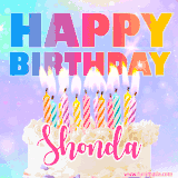 A vibrant animated name GIF with the words 'Happy Birthday Shonda' with colorful candles on a creamy cake. The background sparkles with pastel shades, adding a festive touch.