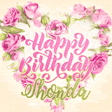 A stunning heart made of pink roses surrounds the elegant script text 'Happy Birthday Shonda' on a soft beige background. Animated sparkles add a magical and festive feel.