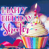 A festive animated GIF featuring a colorful cupcake with a single lit candle, sprinkles, and 'Happy Birthday Shooter' text against a sparkling, celebratory background.