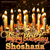 A glowing personalized birthday GIF with name Shoshana featuring lit candles with intricate designs, warm lighting, and the text 'Happy Birthday' in an elegant font.