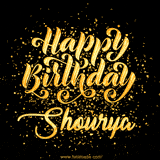 Animated GIF with colorful, festive 'Happy Birthday Shourya' text decorated with patterns, a party hat, and falling confetti. A vibrant and cheerful design for birthday celebrations.
